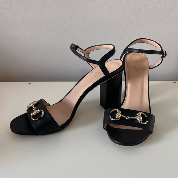 Gucci Miro Black Leather Horsebit Strap Block Heel Sandals - Picture 1 of 13